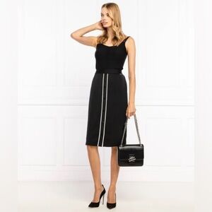 KARL LAGERFELD Black Midi Skirt White‎ Stripe Button Detail Sz 40 S 2 Work Party